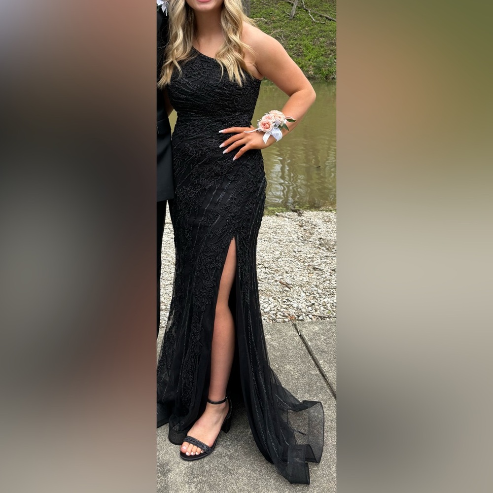 Black prom - formal dress with intricate beading & lace.  One shoulder, size 8.